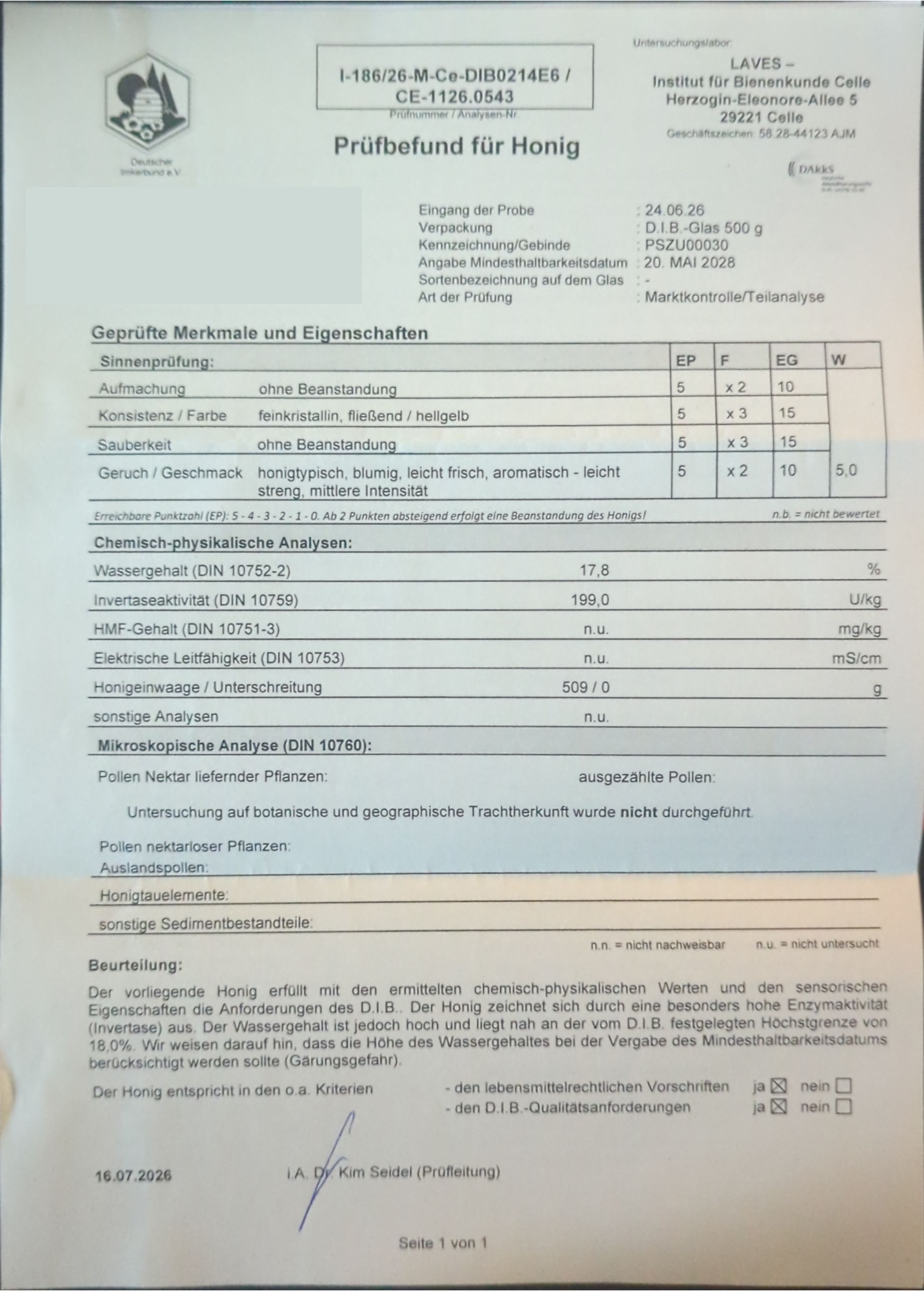 Raporti origjinal i mjaltit, LAVES Celle, 16.07.2026