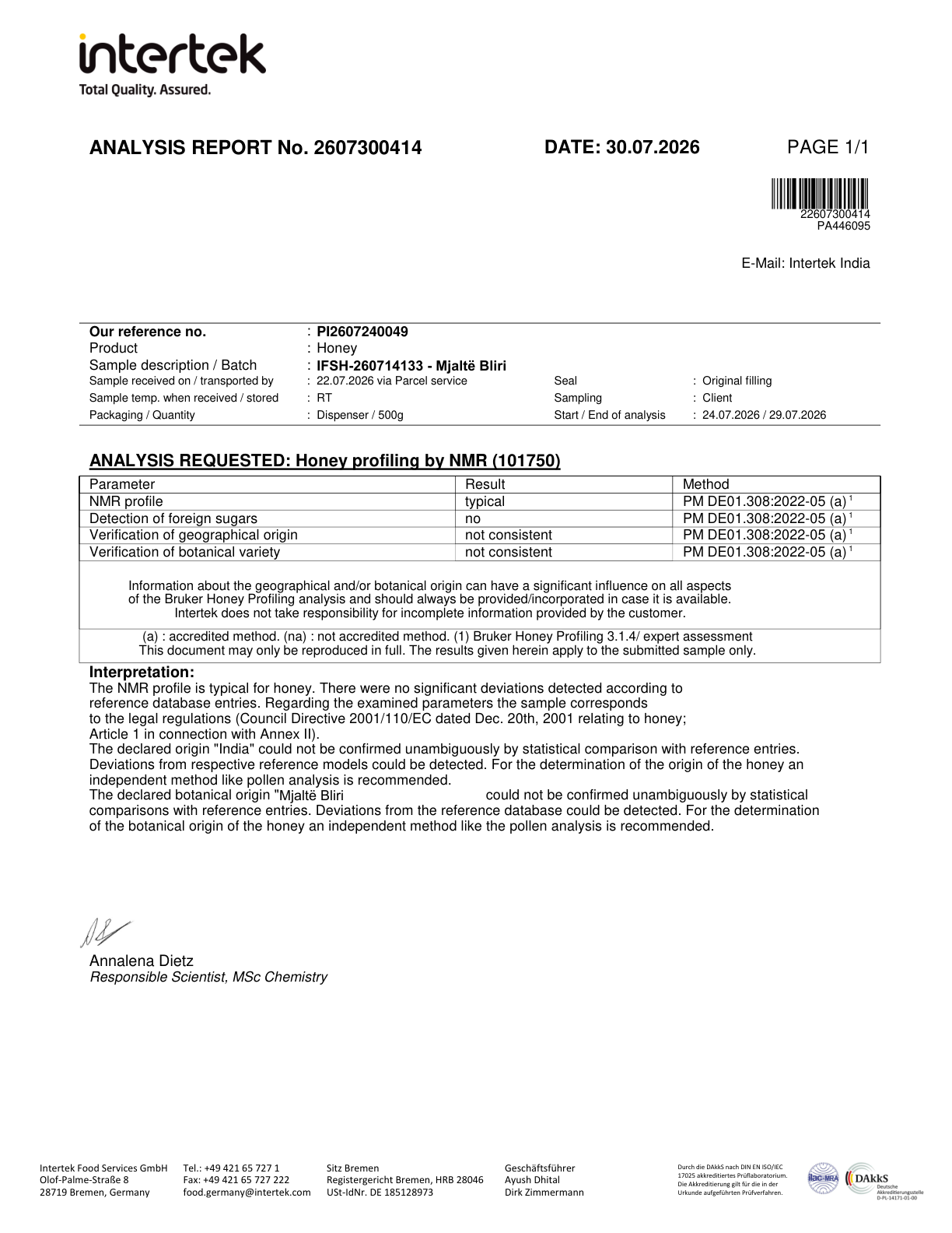 Raport NMR Mjaltë Bliri, 30.07.2026