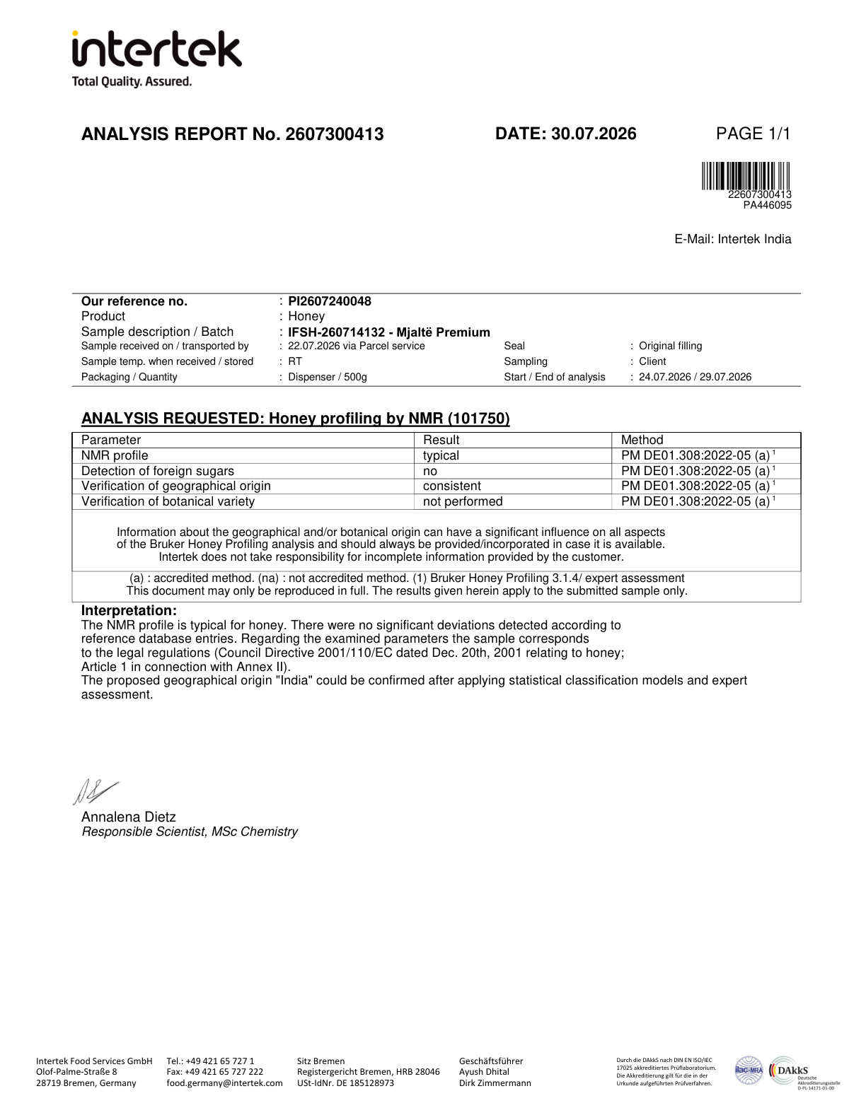 Raport NMR Mjaltë Premium, 30.07.2026