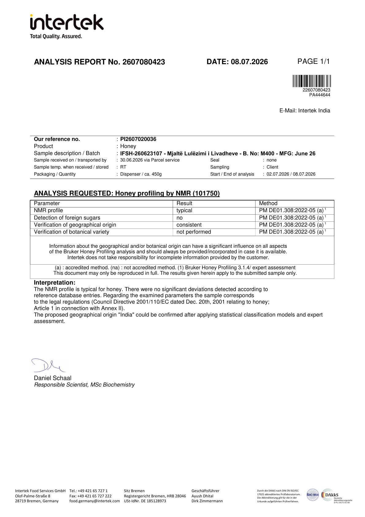 Raport NMR Mjaltë Lulëzimi i Livadheve, 08.07.2026