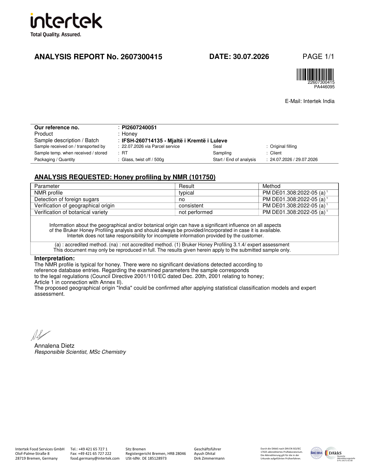 Raport NMR Mjaltë i Kremtë i Luleve, 30.07.2026