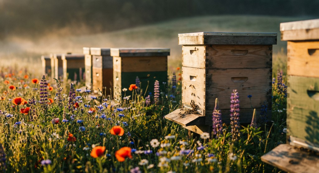 Bienenkästen auf Wiese
